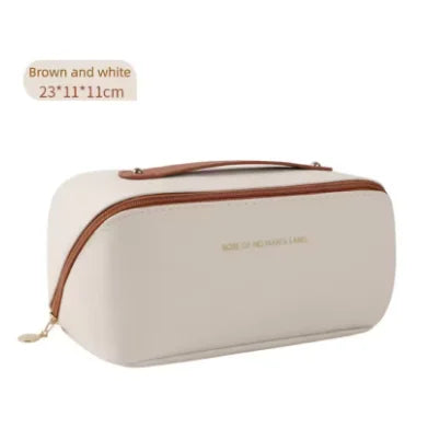 Makeup Organizer Female Toiletry Kit Bag PU Leather Portable Travel Toiletry Bag Women Cosmetic Bag Toiletries Organizer Vue White and brown CN