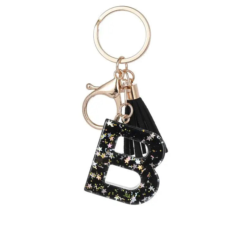 Black Glitter Resin Initial Letter Keychain A–Z Tassel Charm