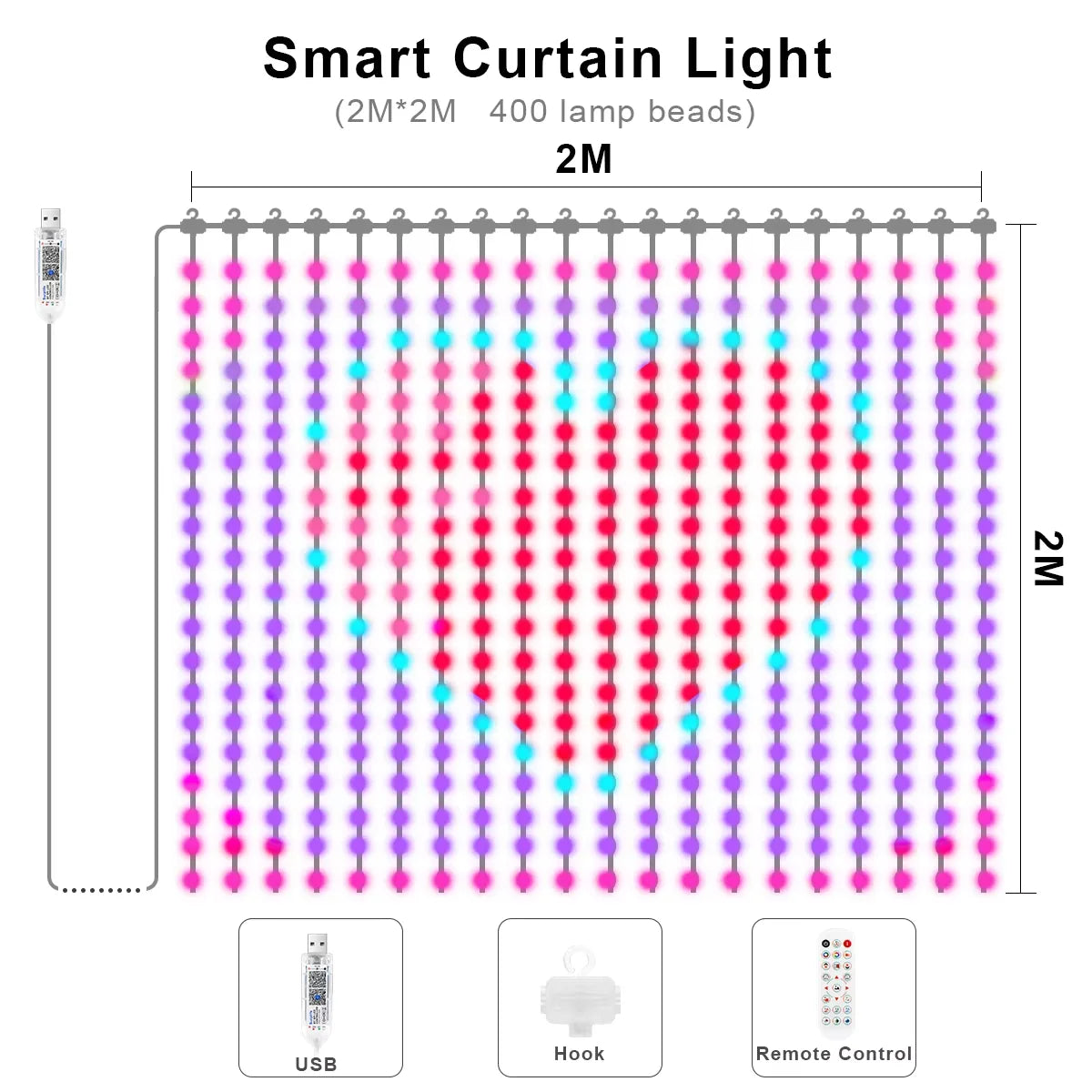 Smart BT APP DIY Text Anime Pattern Display RGBIC Fairy LED Curtain Light String Music Sync Valentine's Day/Birthday/Party Decor Vue 2M(L) X 2M (H)