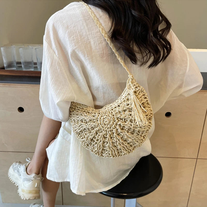 Half Round Straw Bag Women Summer Beach Rattan Shoulder Zipper Woven