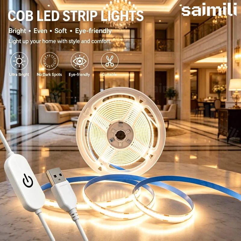 USB COB LED Light Strip Touch Dimmable High Density Dotless Linear Ribbon Self Adhesive Lamp Home TV Background Decor Lighting Vue