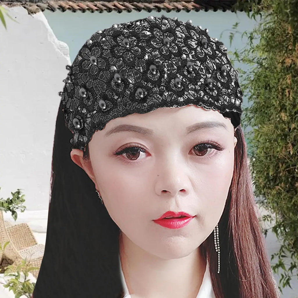 15x25CM Lace Headband Wide Floral Pearl Elastic Hair Scarf Sweat Wicking Hair Accessories for Women Yoga Gym Sports Running Vue