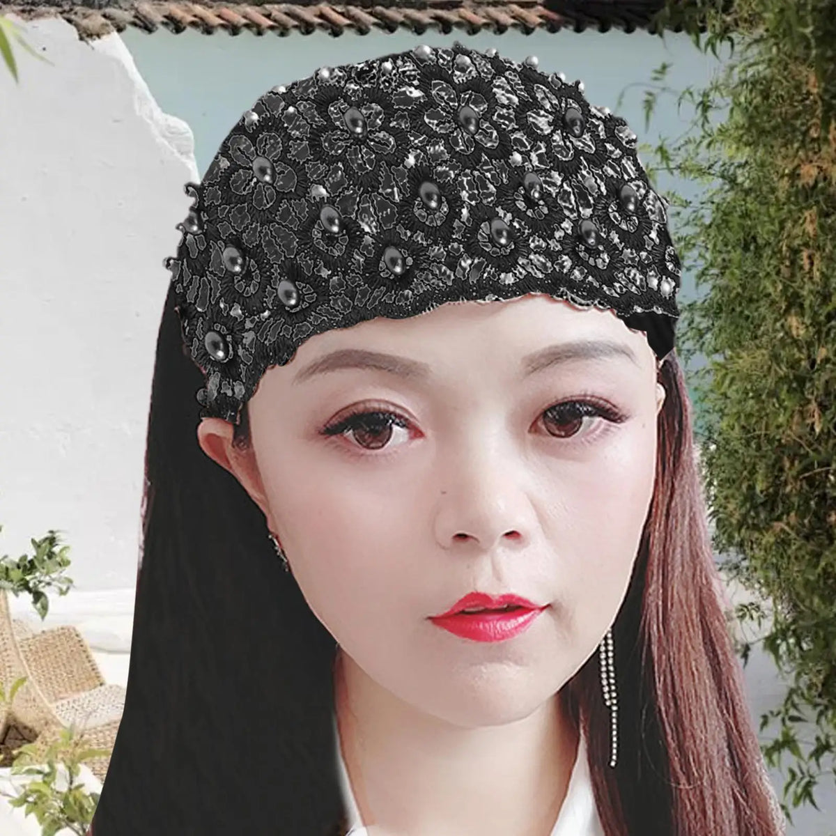 15x25CM Lace Headband Wide Floral Pearl Elastic Hair Scarf Sweat Wicking Hair Accessories for Women Yoga Gym Sports Running Vue