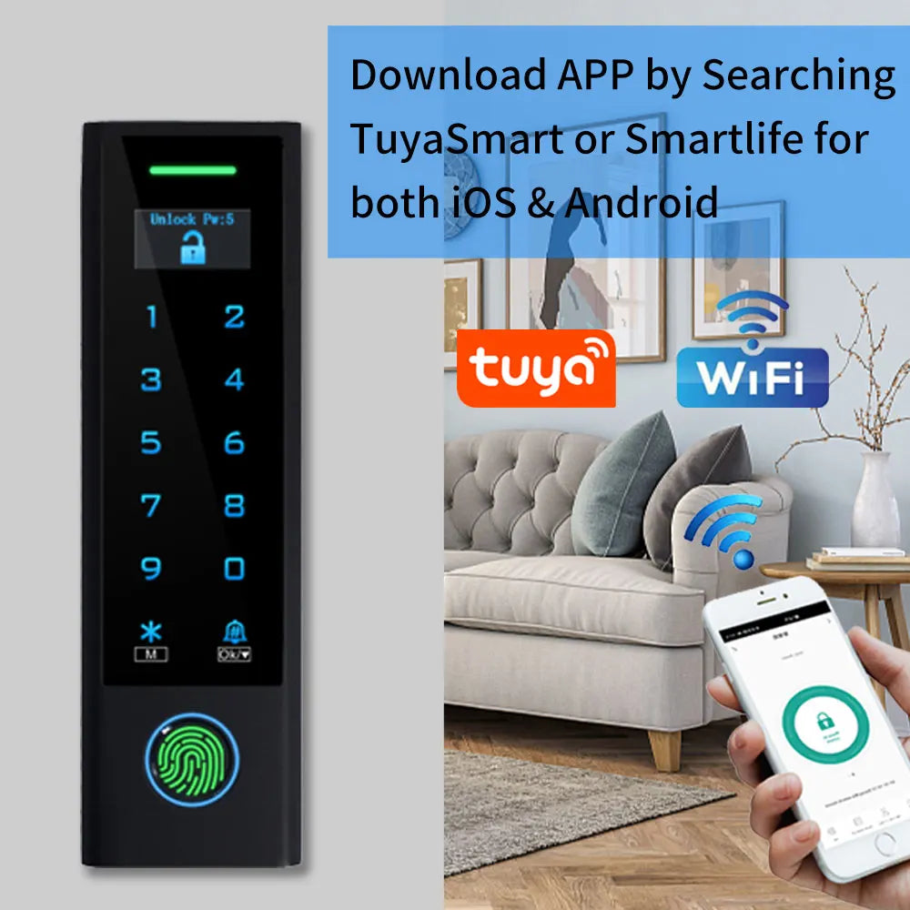 WIFI TUYA Biometric Fingerprint Access Controller Keypad OLED Screen Waterproof RFID Card Standalone Door Access Control System Vue