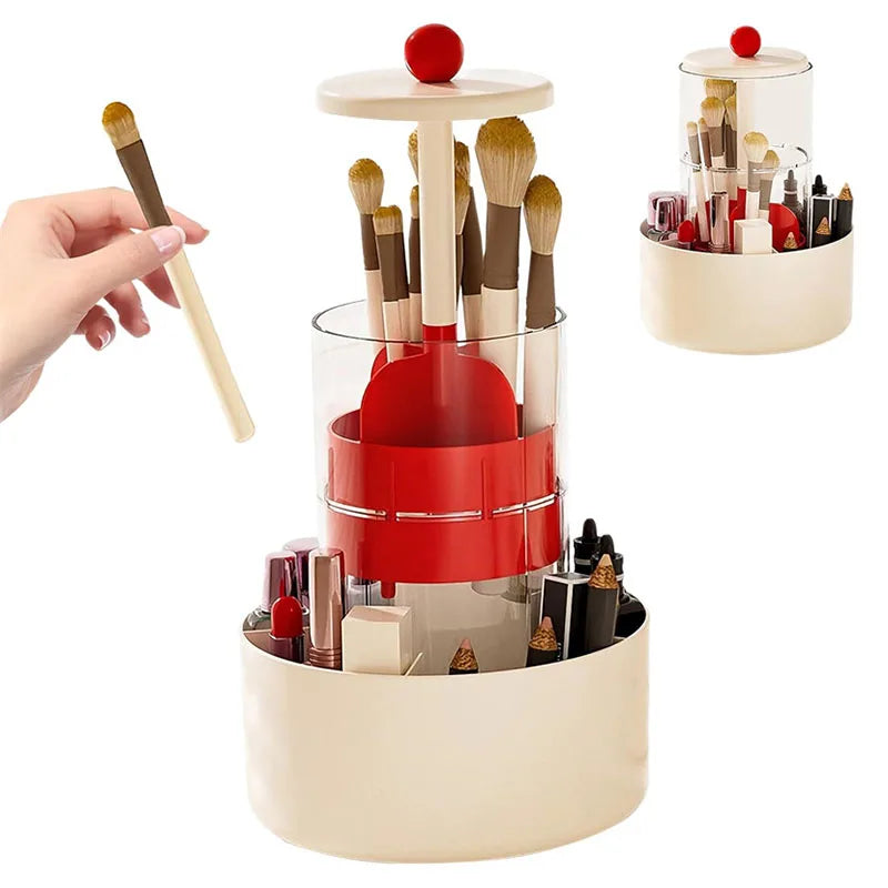 360° Rotating Makeup Brush Holder With Lid Automatic Lifting Dustproof Makeup Brushes Organizer Large Capacity Comestic Storage Vue