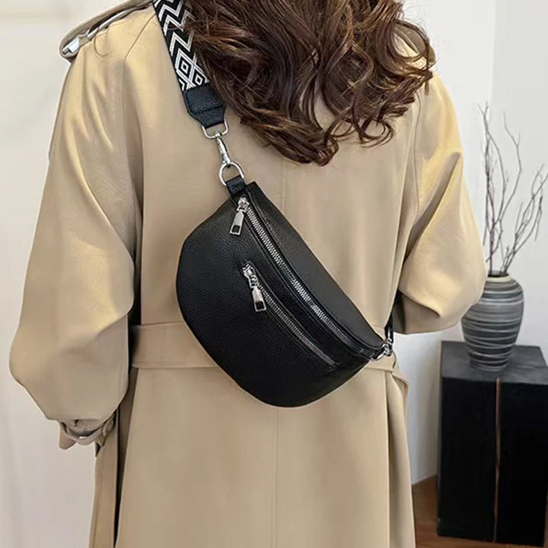 Glam Everyday Crossbody Chest Bag Solid Black Leather Fanny Decor
