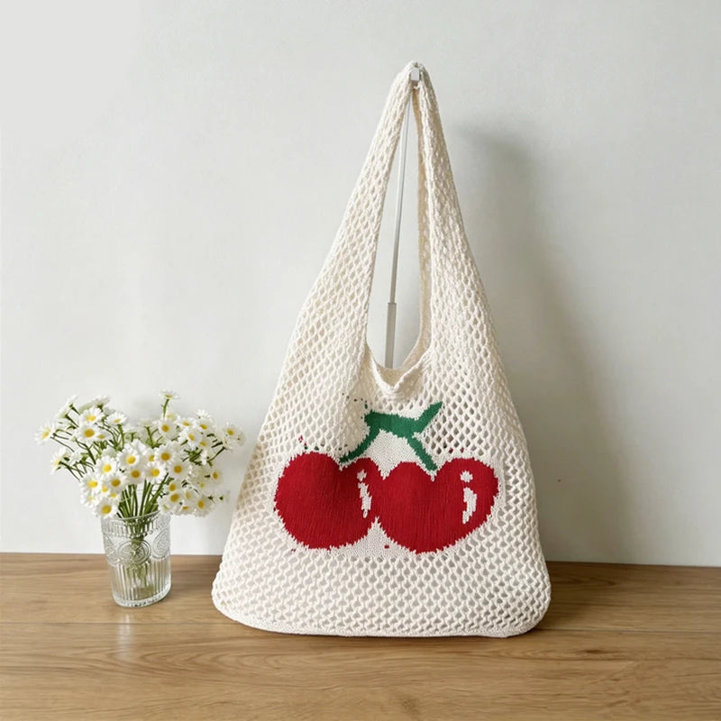 Summer Hollow Out Shoulder Bag Cherry Desing Knit Hand Woven