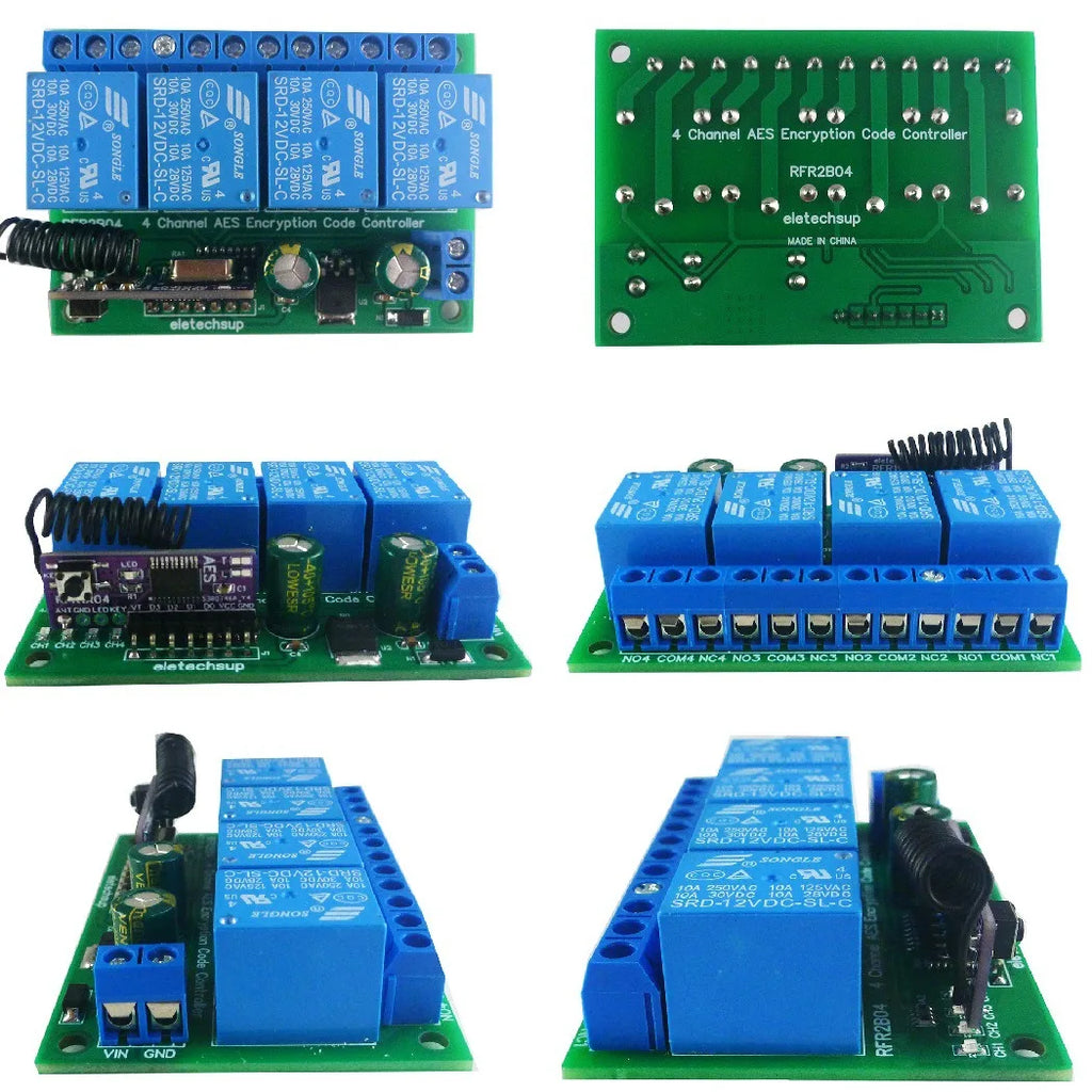 RFR2B04+RFT2D04 DC12V 4 Channel 433M AES Encryption Controller 128 Bit Remote Control Keyfob Transmitter Module for Garage Door Vue