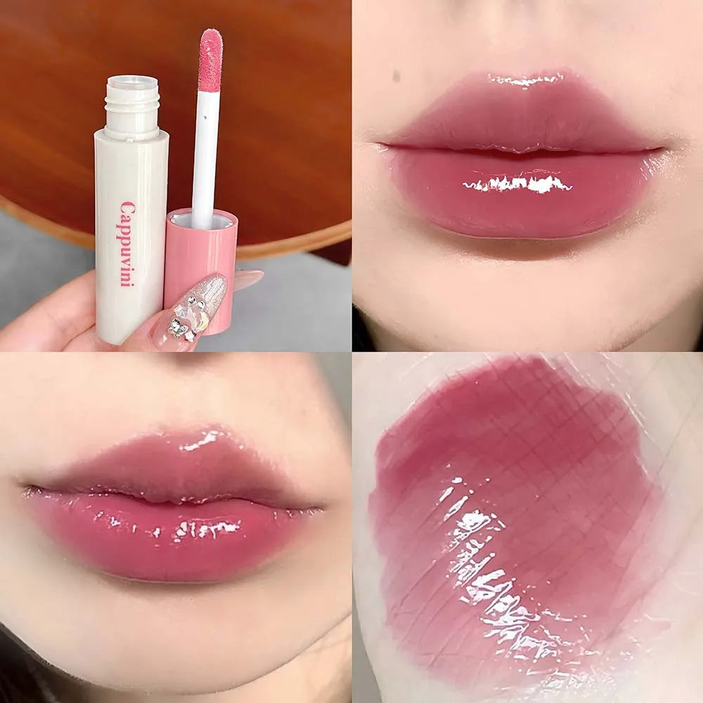 Pink Crystal Mirror Glass Lip Gloss Round Tube Water Light Lipstick Clear Jelly Lip Glaze Nude Clear Moisturizing Lip Tint Vue 02