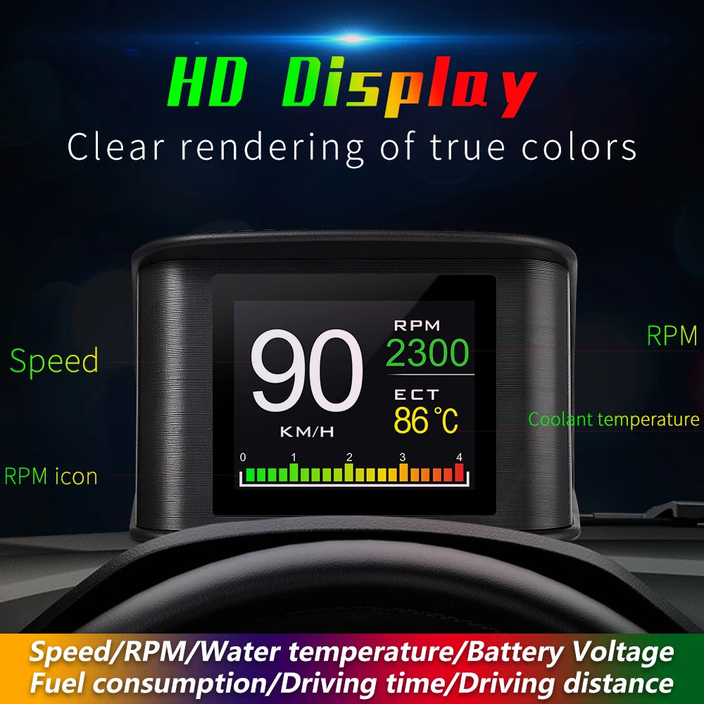 HD P10 OBD2 HUD Car Head Up Display Digital Speedometer Auto on-board Computer with Speed RPM Temperature Voltage Alarm Vue
