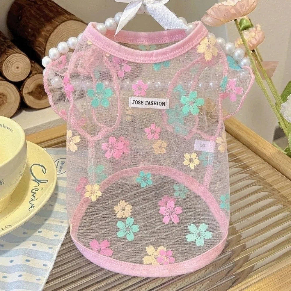 Thin Breathable Cooling Dog Vest Flying Sleeves Sunproof Cat Mesh T Shirt Lightweight Floral Print Dog Sunscreen Clothing Summer Vue