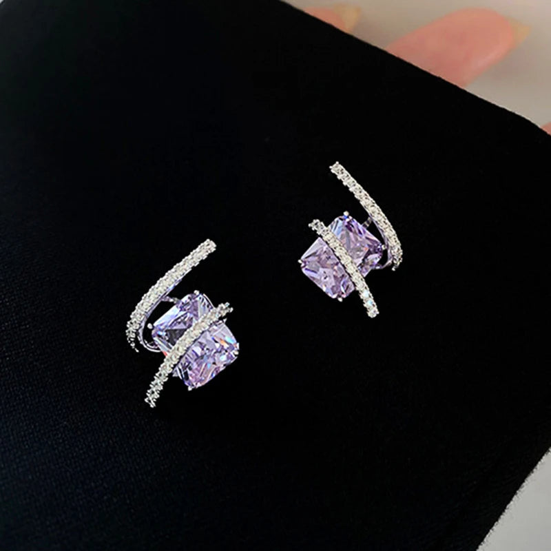 Huitan Purple Cubic Zirconia Rectangular Stud Earrings Women Stud Earrings Vue