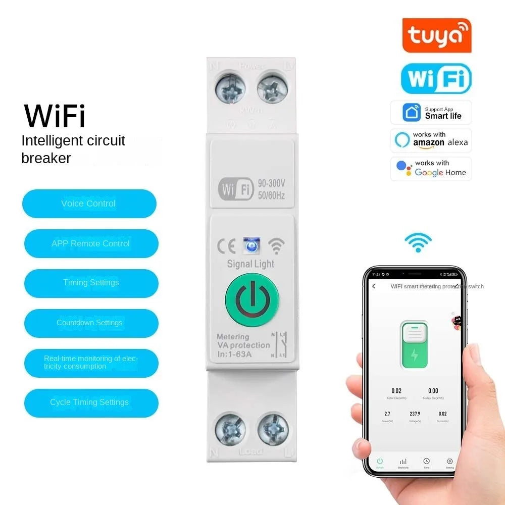 Remote Voice Control Tuya WiFi Smart Circuit Breaker Electricity Statistics Energy Kwh Metering Din Rail Switch Monitoring Vue