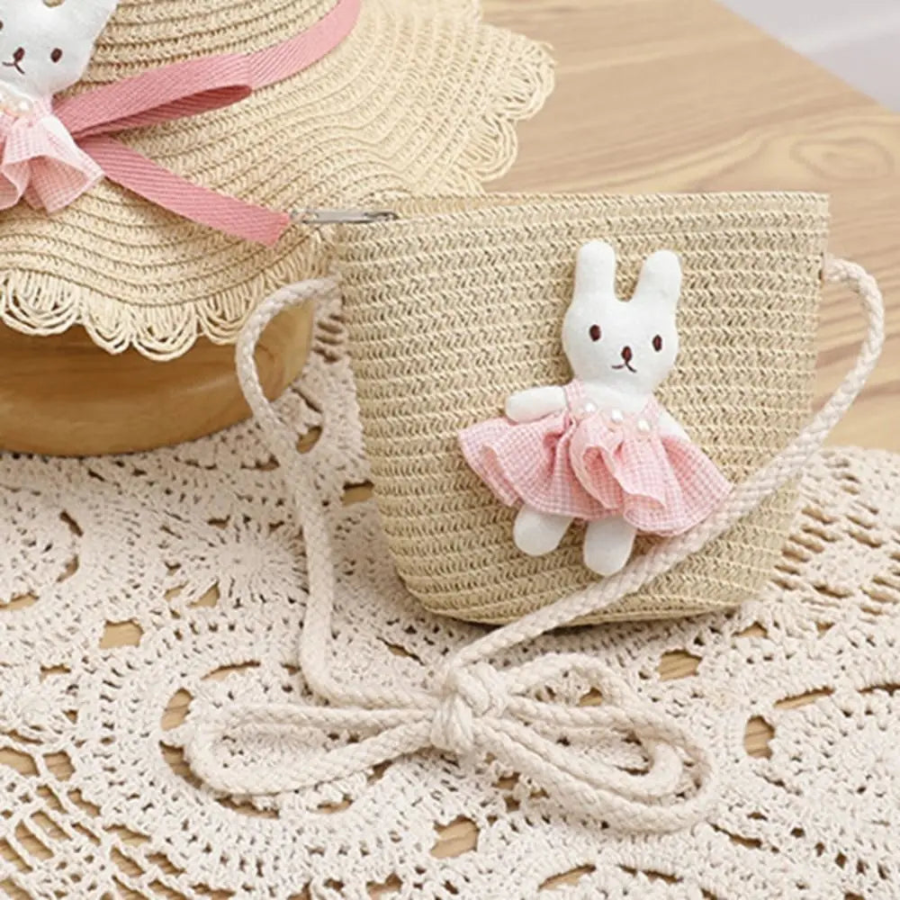 Summer Beach Cartoon Bunny Mini Straw Bag Zipper Handmade Woven Kid Vue beige