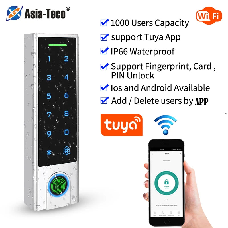 Tuya APP Fingerprint Access Control Standalone Keypads 125Khz RFID Reader Door Lock Waterproof Keypad Wifi Remote Open Anywhere Vue