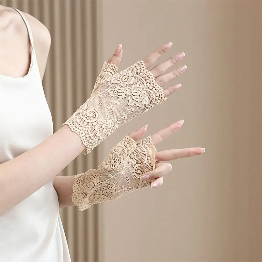 Summer Thin Half-finger Gloves Elasticity UV Protection Mesh Lace