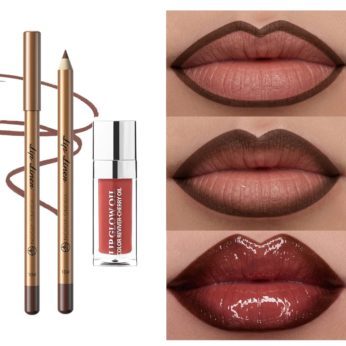 2Pcs Velvet Matte Lip Liner & Tinted Lip Oil Set – Red Brown Shades, Hydrating Natural, Waterproof & Long-Lasting Lip Kit Vue