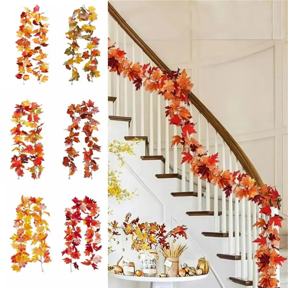 Creative Red Autumn Maple Leaves Realistic 1.7m Artificial Maple Garland Lifelike Silk Maple Leaves Maple Leaf Plant Decoration Vue