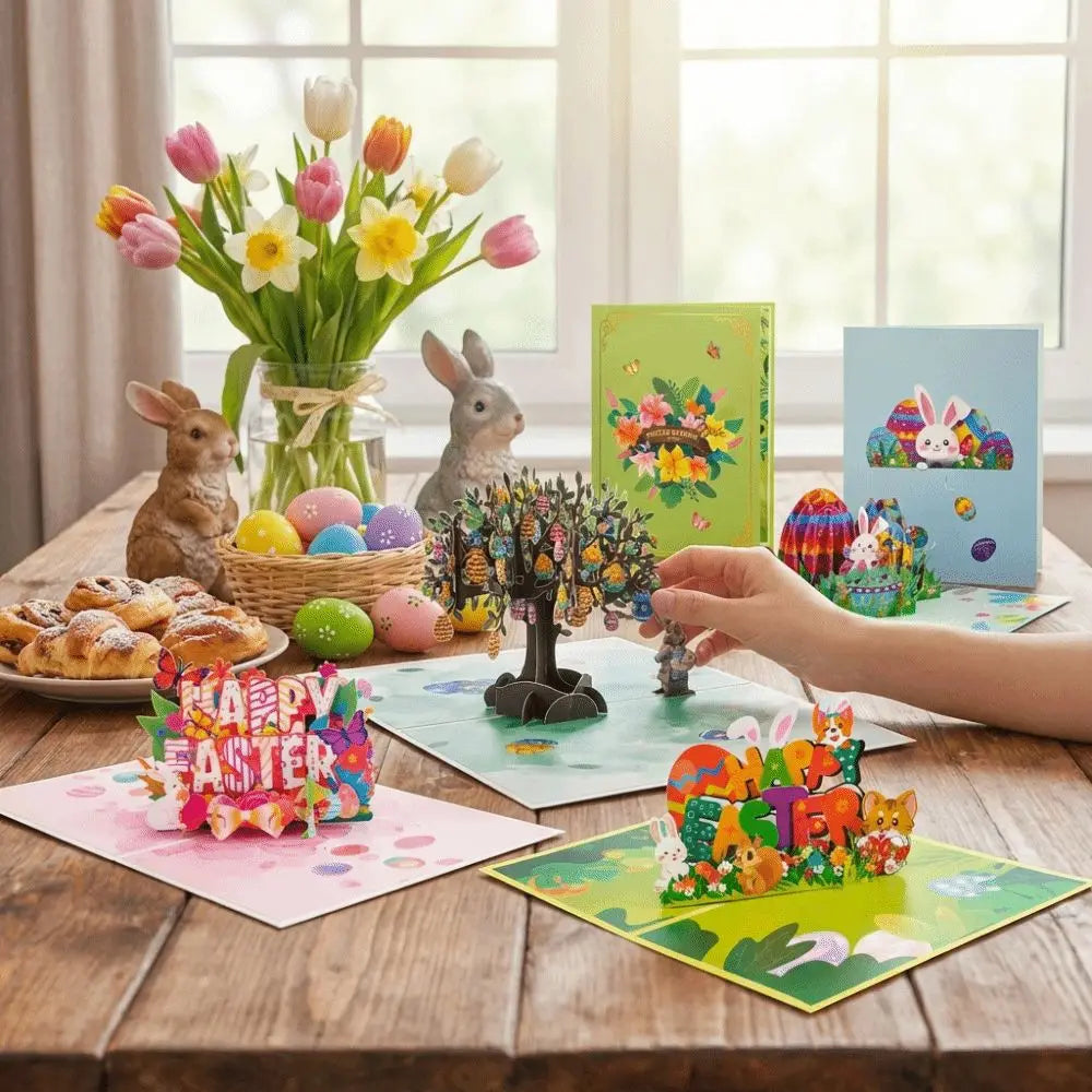 Folding 3D Popup Easter Card Paper Arts with Envelope Easter Greeting Cards Invitation Card Hand Carved Celebration Card Vue
