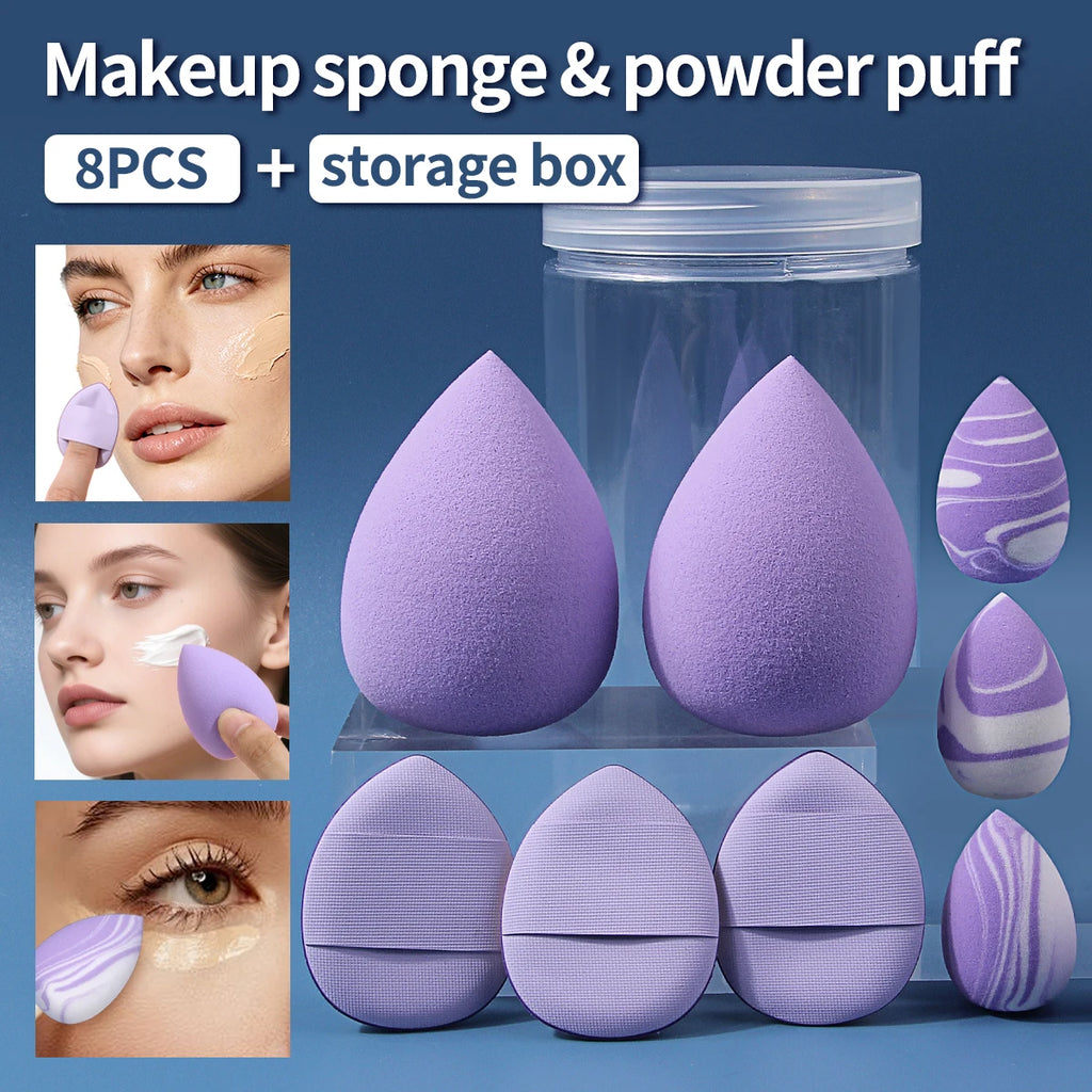 8Pcs Purple Makeup Sponge & Powder Puff Set Large Mini Teardrop Beauty Puff Triangle Makeup Puffs With Clear Storage Jar Foundat Vue PURPLE