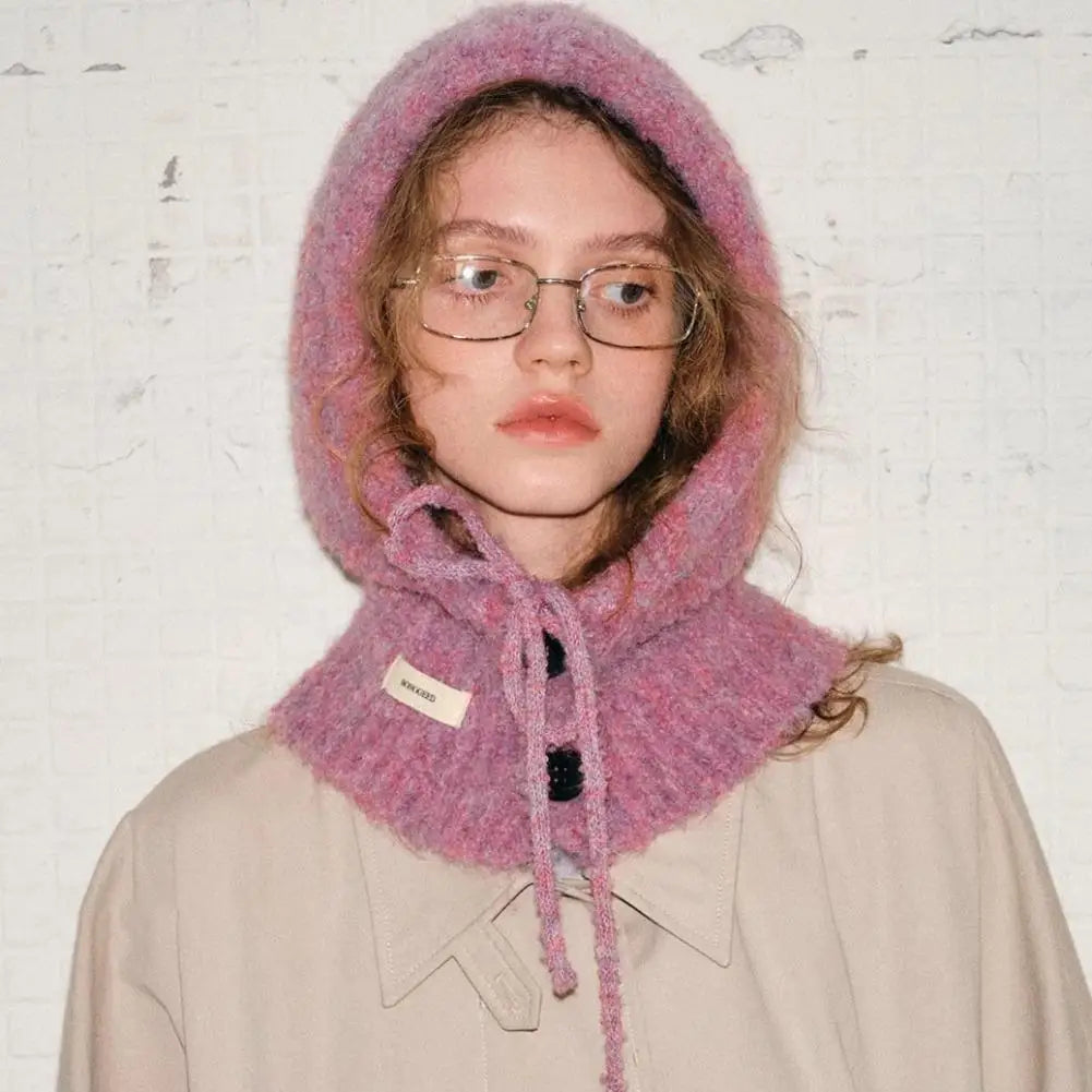 Rosepink Soft Woolen Head Ears Neck Knitted Hat Winter Fashion Hat Scarf One-piece Women Warm Protection Earmuff Hood Bib Cover Vue