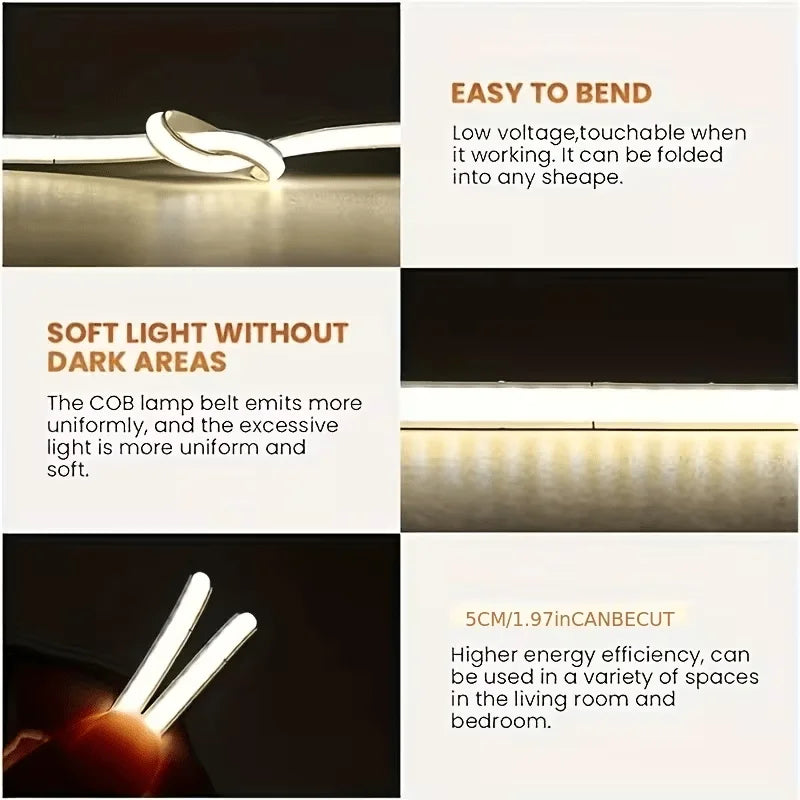 Touch Dimmable COB LED Strip 5V USB Flexible Lighting Tape Self Adhesive High Density Diode Lamp for Home DIY Ambient Decoration Vue