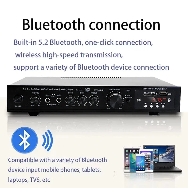AV-369BT Bluetooth 5.1 Sound Speaker AMP,Stereo Audio Amplifier Receiver, 6 Channel Home Theater Audio Stereo System Components Vue