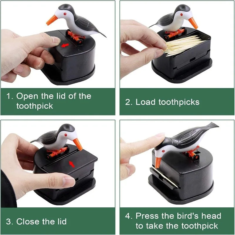 Automatic One Touch Toothpick Dispenser Woodpecker Design Kitchen Table Essential Supplies Desktop Organizer and Toothpicks Vue