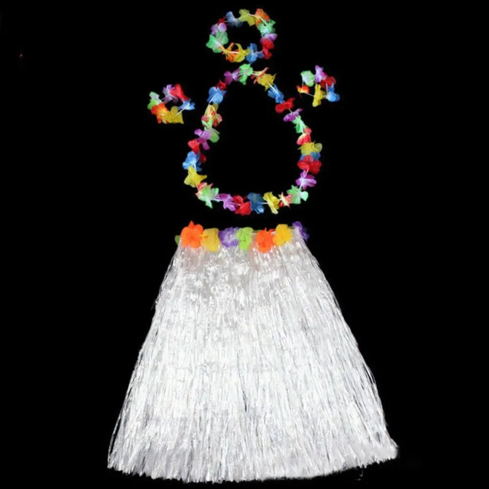 Ladies Women Hawaii Fancy Dress Grass Skirt Hula Hawaiian Full Vue white
