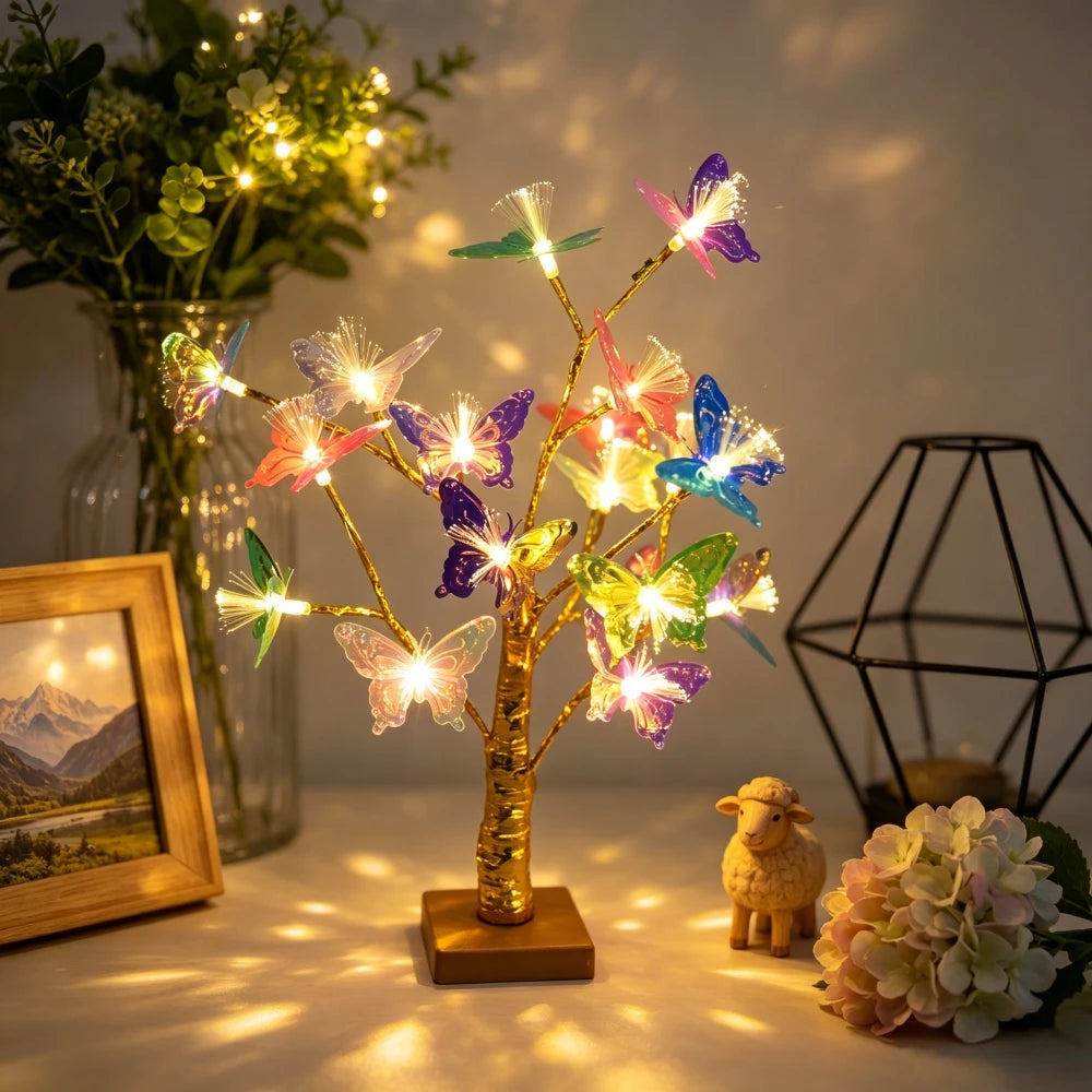 Golden Birch Tree LED Table Lamp with Fiber Optic Butterfly, Battery Powered Desktop Light for Bedroom Table Home Decor Vue