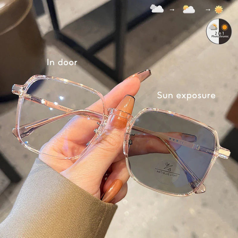 New Men Women Color Changing Eyeglasses Photochromic Glasses Anti Blue Glasses Anti UV Sunglasses Square Clear Frame Eyewear Vue