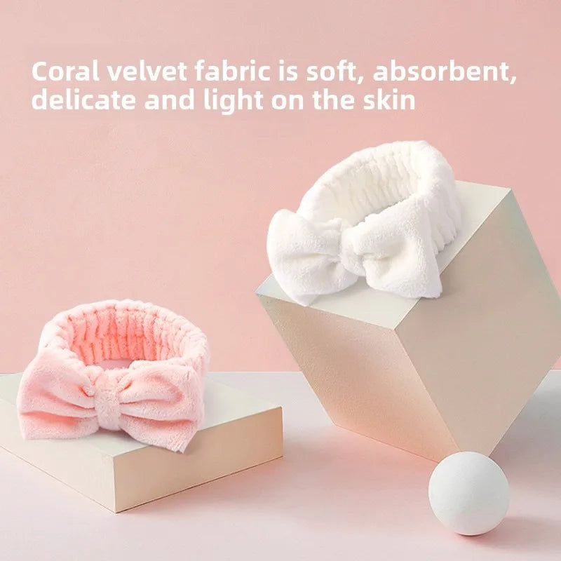 1-20PCS Light Beige Coral Fleece Headband Bow Design for Face Washing Makeup Yoga Turban Shower Hair Band for Women Girls Vue