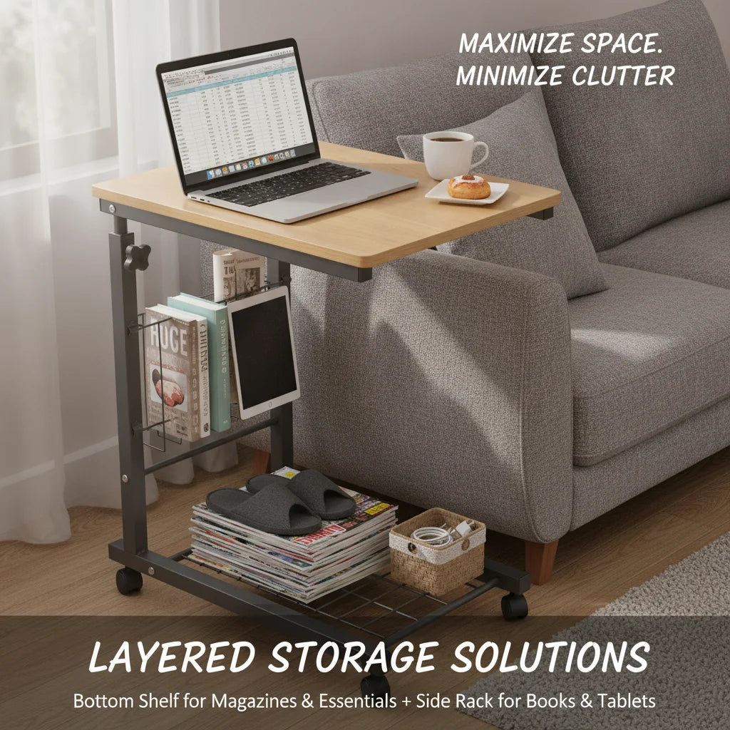 Adjustable C-Shaped Bedside Table with Wheels | 2-Tier Teak Adjustable Side Table Vue