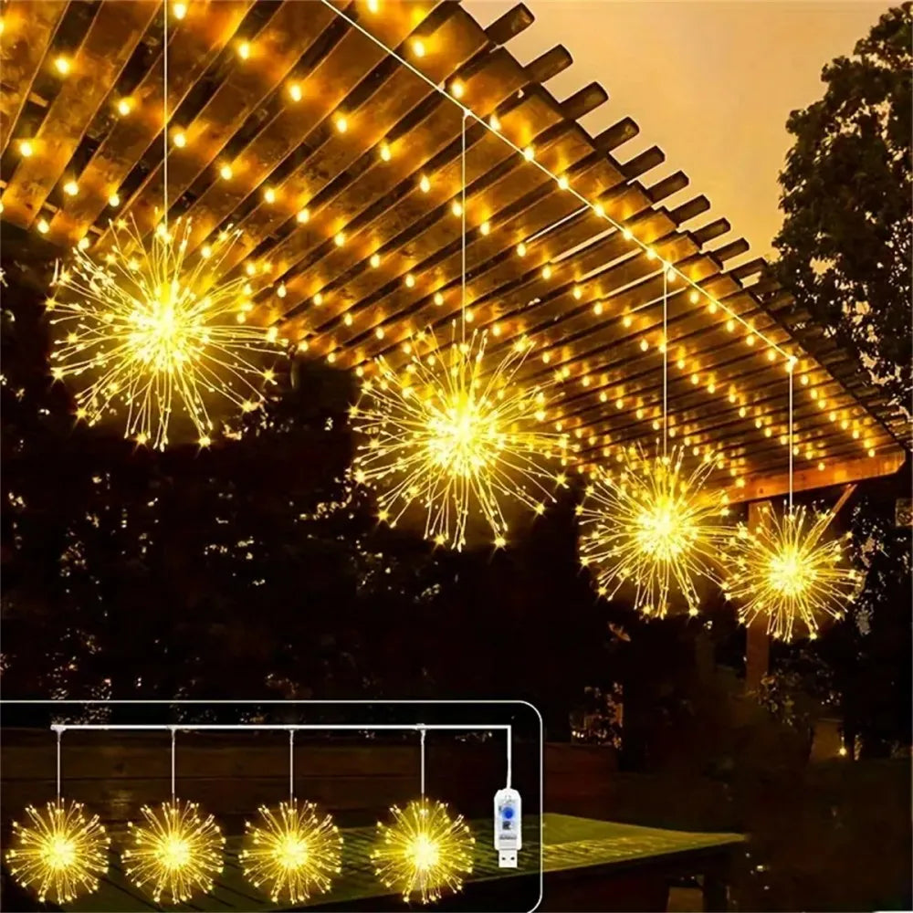 1Set of 4PCS USB Fireworks Lights with 8 Modes, 360LED Hanging String Light, Used for Porches Patios Garden Indoor Outdoor Decor Vue