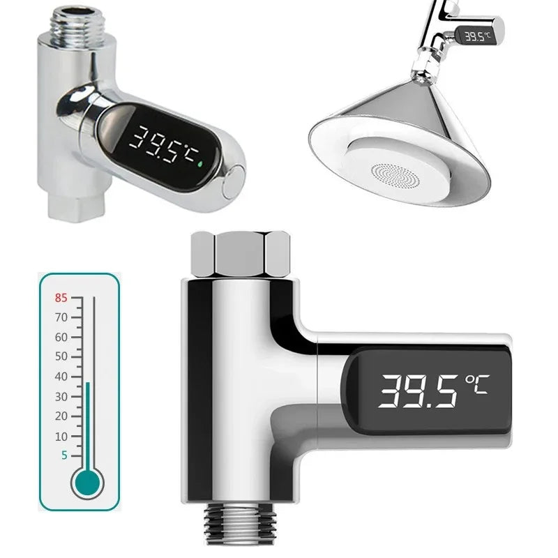 LED Display Household Water Shower Thermometer 5-85℃ Flow Self-powered Water Thermometer Monitoring Care Energy Smart Meter Vue