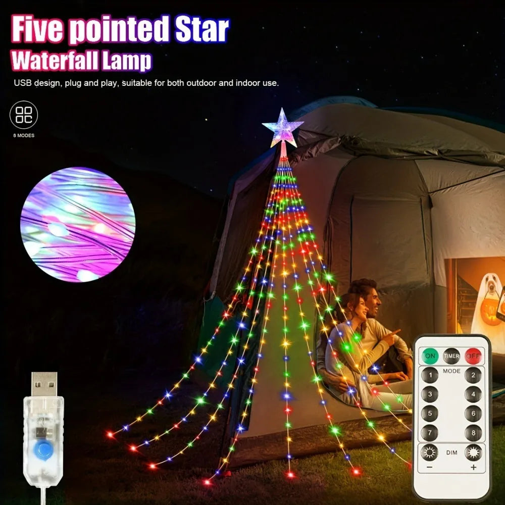 1PC 2M/3M Christmas USB Star Waterfall Light with 8-mode remote control,used for party and holiday decoration ﻿ Vue