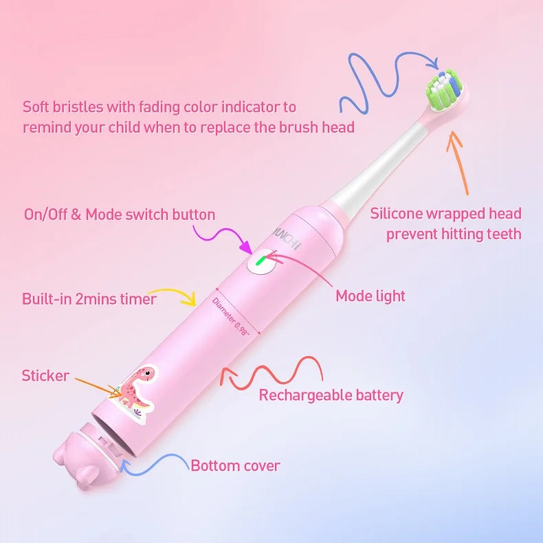 Kids Rechargeable Electric Toothbrush with Waterproof Stickers IPX7 2 Min Timer Toothbrush With Replacement Head Vue