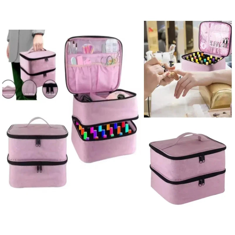 1pcs Pink Fashion Nail Polish Portable Bag Double Layer Nail Polish Storage Bag Can Hold Bottles Cosmetic Bag Storage Bag Vue