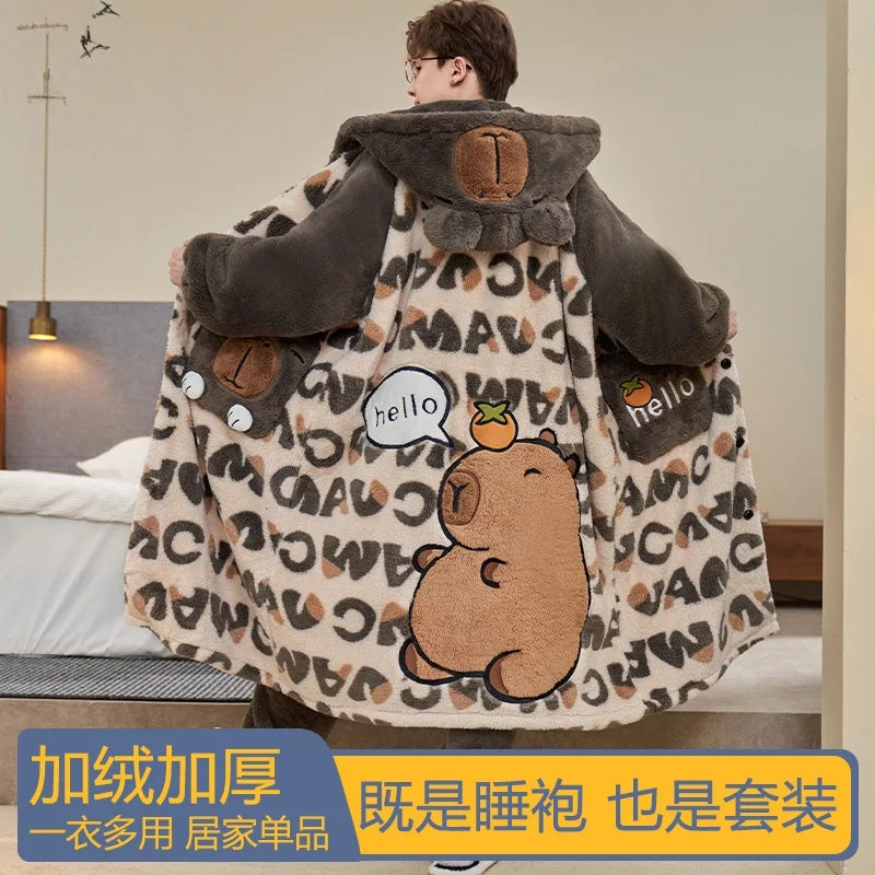 Pajamas Autumn And Winter Men'S Fleece Thickened Coral Fleece Bathrobe Cartoon Character Capybara Conan Bathrobe Set Vue A Men size 5XL