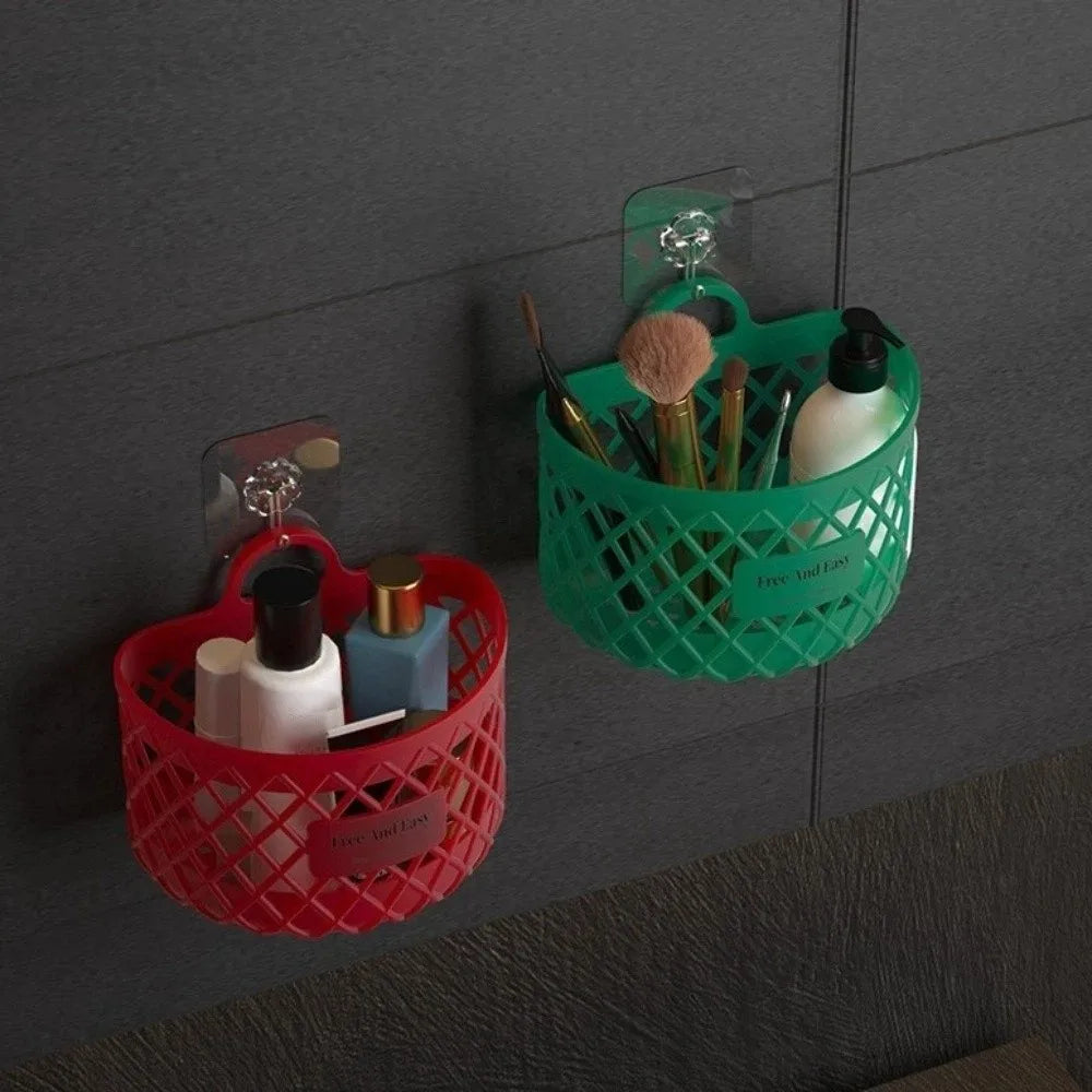 No Drill Hanging Storage Basket Multifunctional Drainage Shelf Kitchen Storage Basket Hollow Out Plastic Toiletry Holder Box Vue