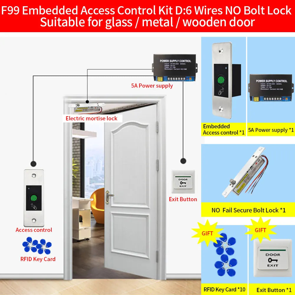 Metal Embedded Access Control Kits F99 Sets 125KHz RFID Keyfob Reader Fingerprint Door Lock Electric Gate Door Opener Waterproof Vue F99 Kit-D