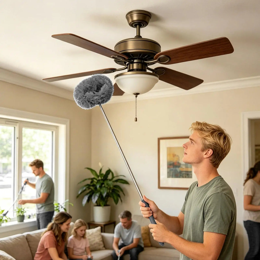 High Ceiling Fan Duster Kit W/Extension Pole, Long Reach Cleaning Tool Washable Microfiber Blade Cleaner for Home Bedroom Office Vue