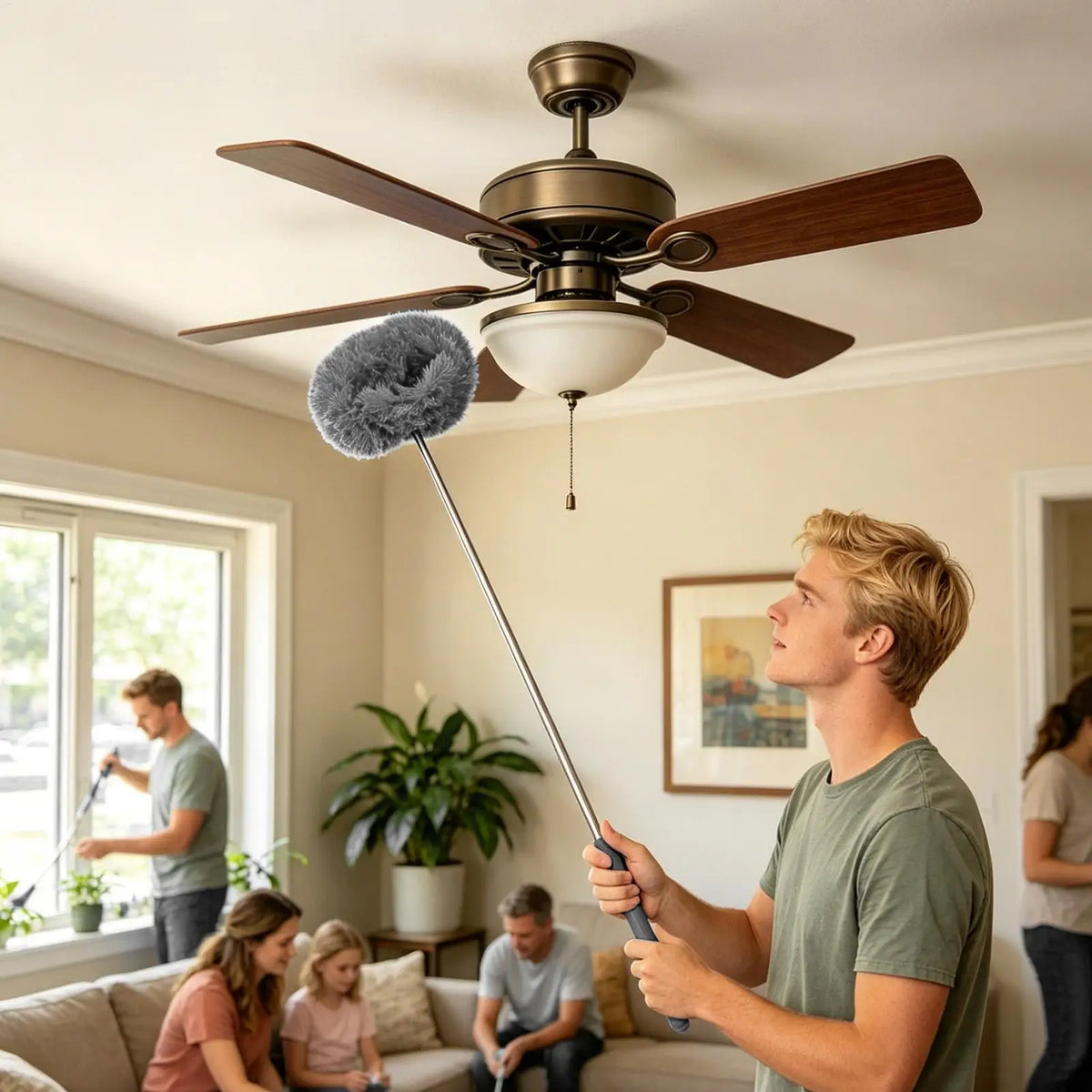 High Ceiling Fan Duster Kit W/Extension Pole, Long Reach Cleaning Tool Washable Microfiber Blade Cleaner for Home Bedroom Office Vue