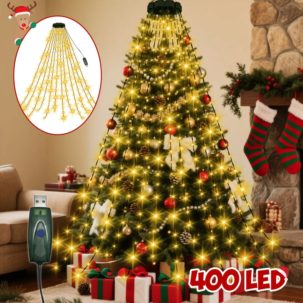 Christmas Tree Waterfall Lights-400/320High-Brightness LEDsUSB&Remote Control,8Lighting Modes Indoor/Outdoor Christmas TreeDeco Vue