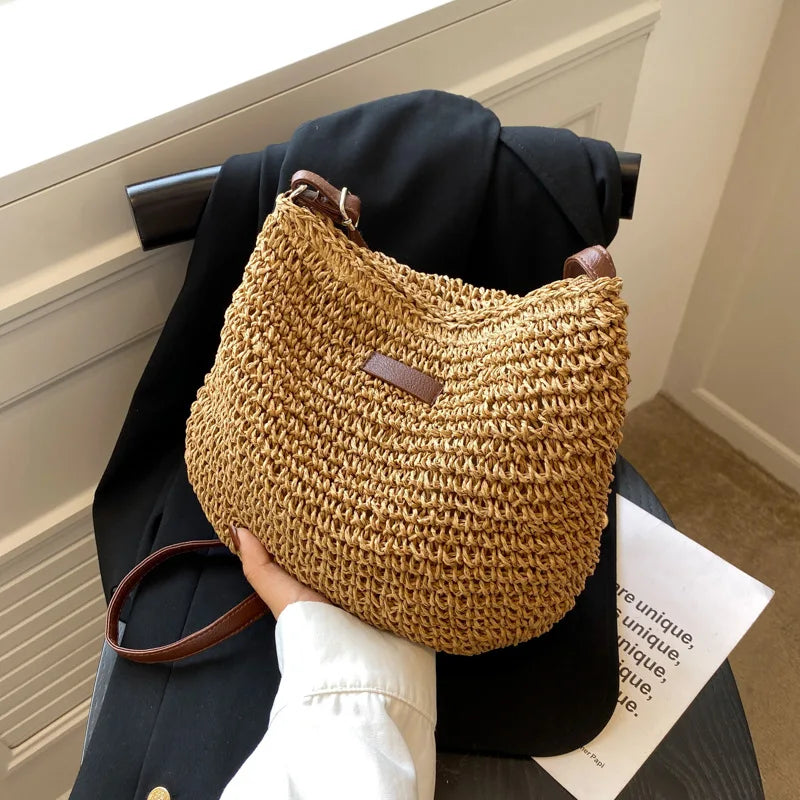 Summer Rattan Crossbody Bags Women Saddle Straw Woven Shoulder Bag Vue khaki