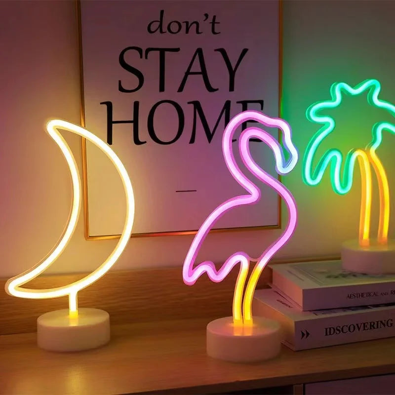 Neon Sign LED Rainbow shaped Neon Light Battery/USB Powered Colorful Neon Lamp with Holder Base Star Flamingo Nightlight Deco Vue