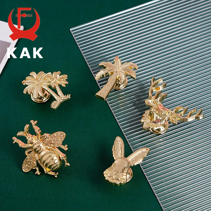 KAK Plant Animal Shape Furniture Handle Copper Color Drawer Knobs Retro Dresser Knobs Gold Kitchen Handles Door Pulls Hardware Vue