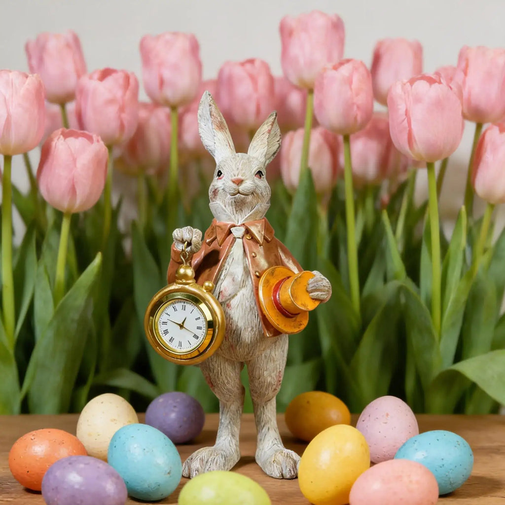 9x9x21cm Cute resin Easter Bunny Figurine with Clock & Top Hat Mini Decor for Bedroom Office Farmhouse School Home Living Room Vue
