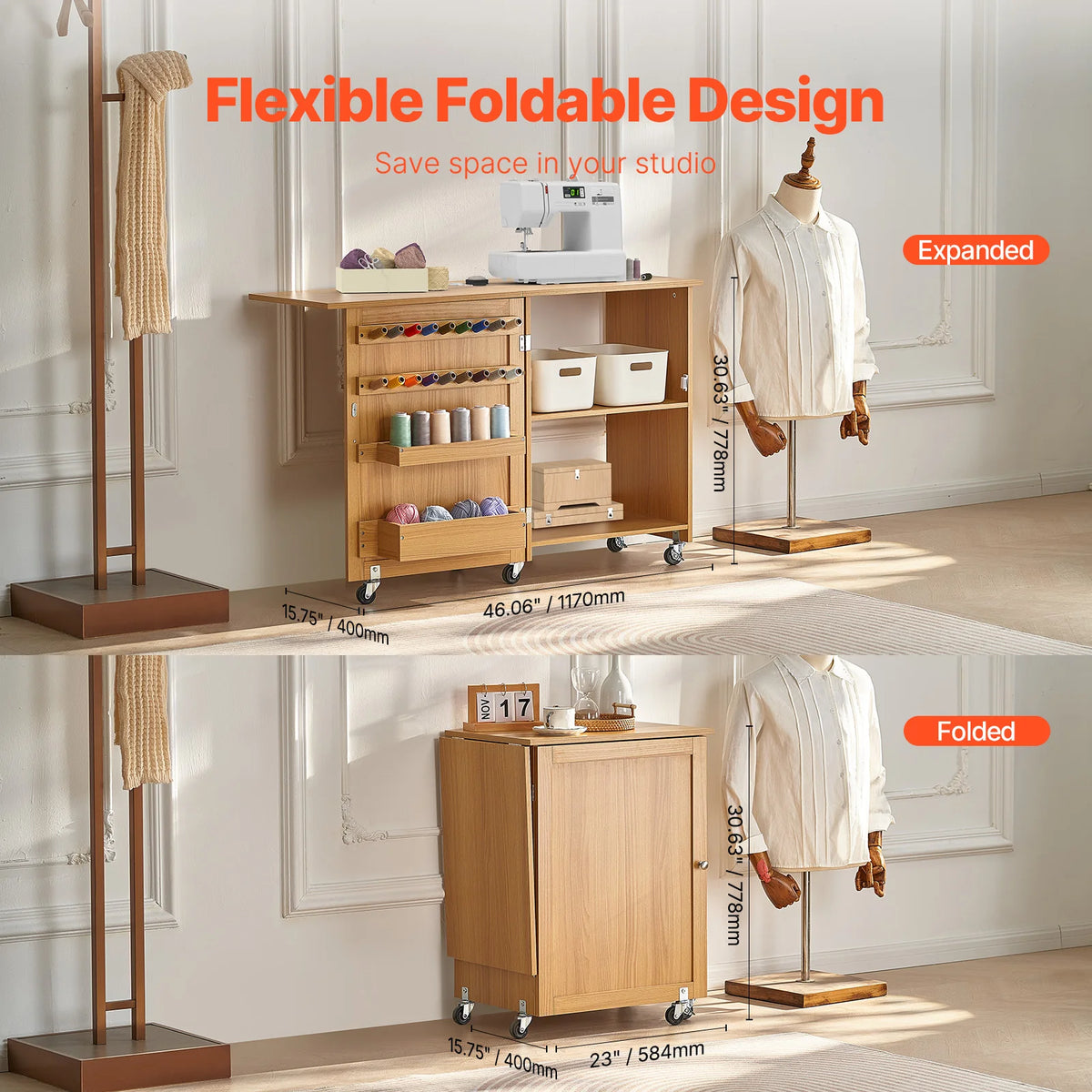 SucceBuy Folding Sewing Table with Storage, Shelves & Wheels Folding Sewing Table Vue