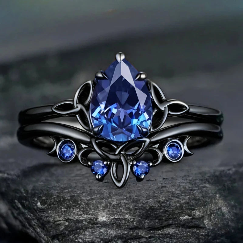 Huitan Black Plated Blue CZ Pear Ring | Vintage Women's Jewelry Fashion Ring Vue